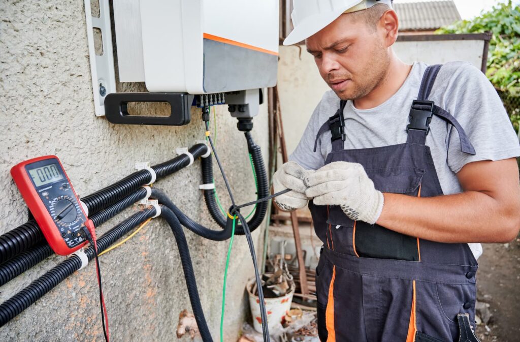 Electrician using a multimeter to test wiring on an outdoor electrical panel