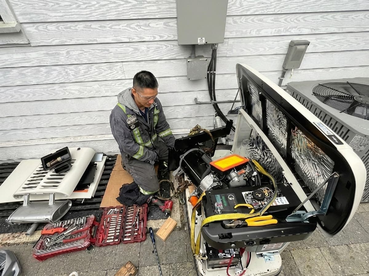 Technician kneels beside an open generator performing maintenance with tools laid out nearby