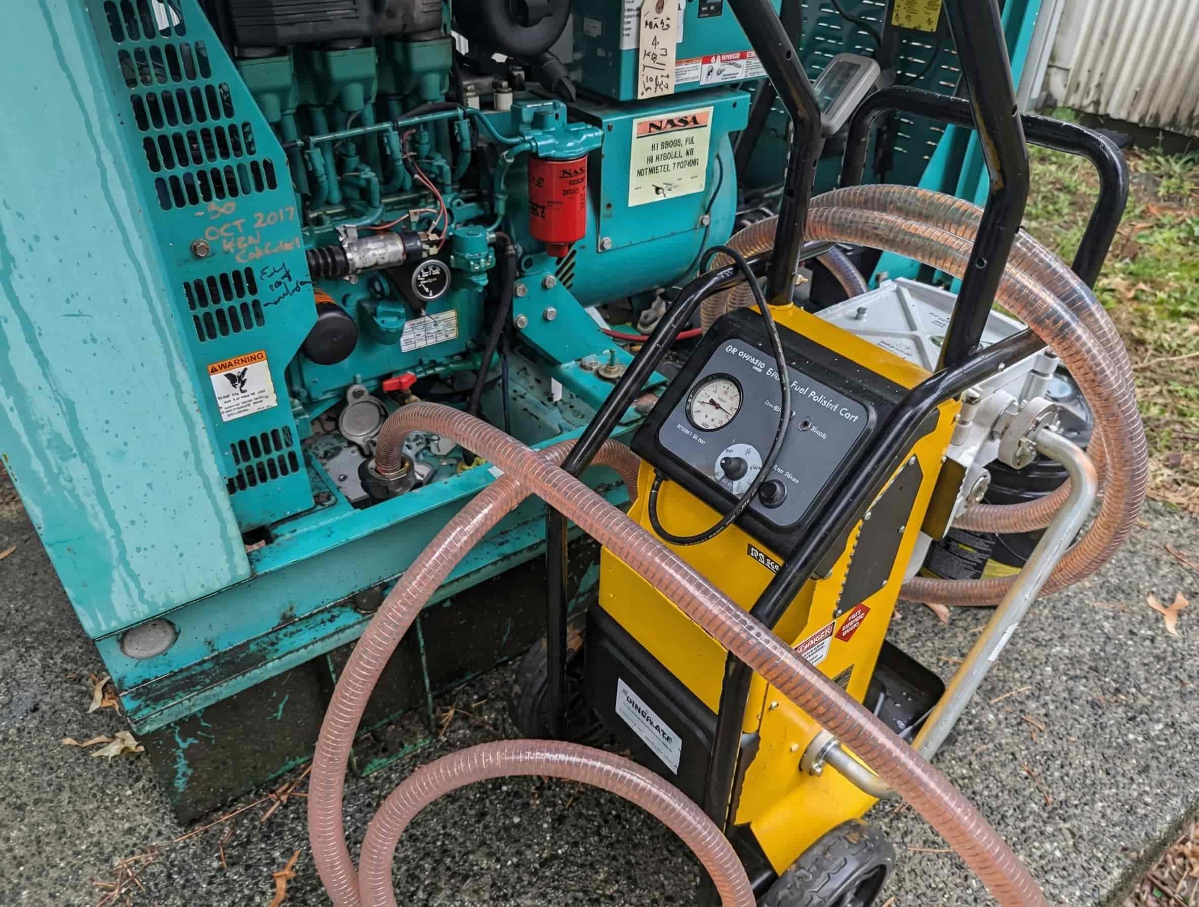 Portable fluid service pump connected to generator equipment with hoses and pressure gauge