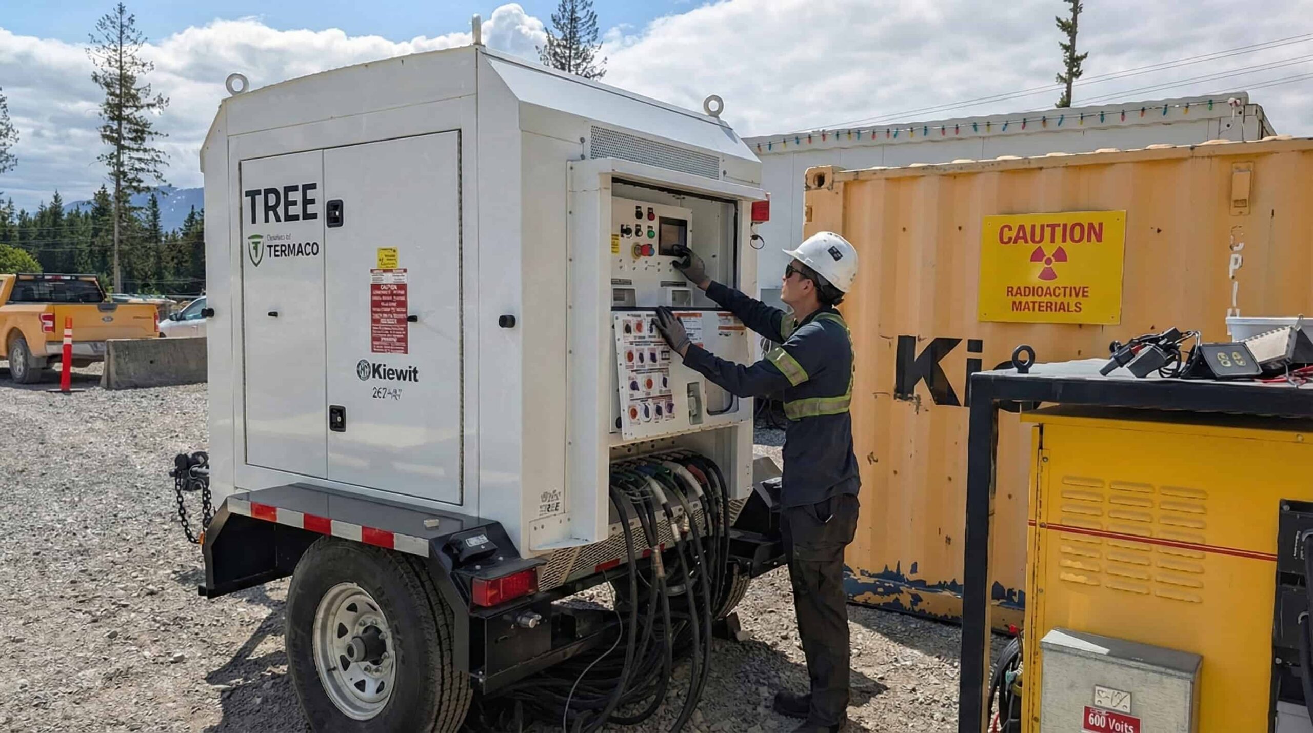 Technician adjusts controls on a temporary power distribution unit at a jobsite
