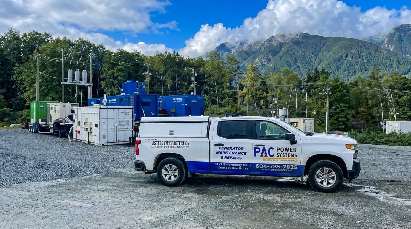 PAC Power Systems service truck parked near containerized generator equipment at a work site
